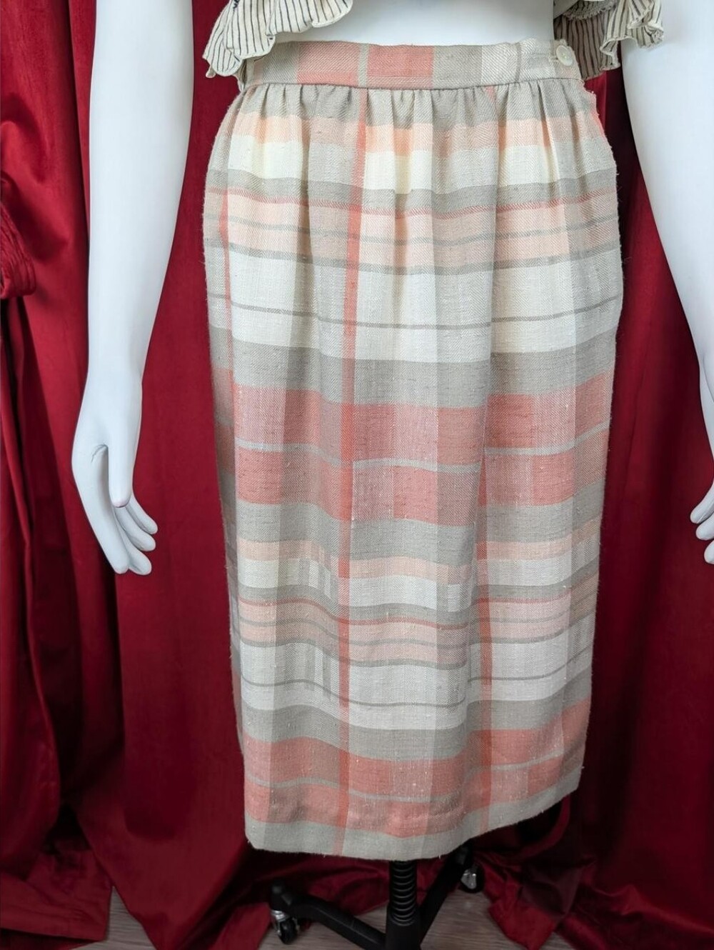 Vintage 80's Weathervane Pink, Gray, & White Plaid Linen Midi Skirt